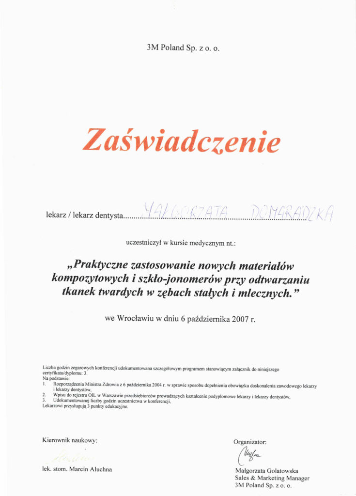 Certyfikat Małgorzata Domaradzka