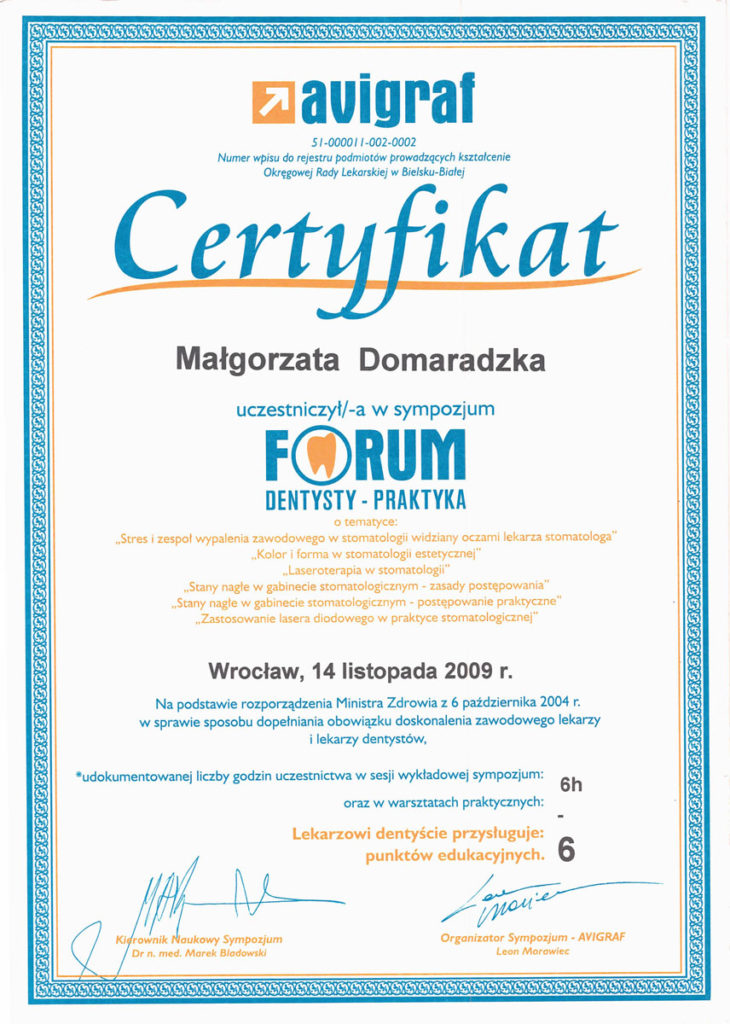 Certyfikat Małgorzata Domaradzka